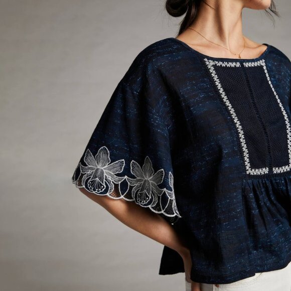 Anthropologie Pilcro Orchid Embroidered Top in Blue Motif Size Medium - Picture 2 of 13